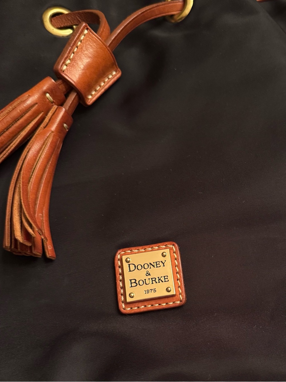 Dooney & Bourke Black Nylon Drawstring Bucket Bag w/ Cognac Leather Trim | EUC - Picture 11 of 12